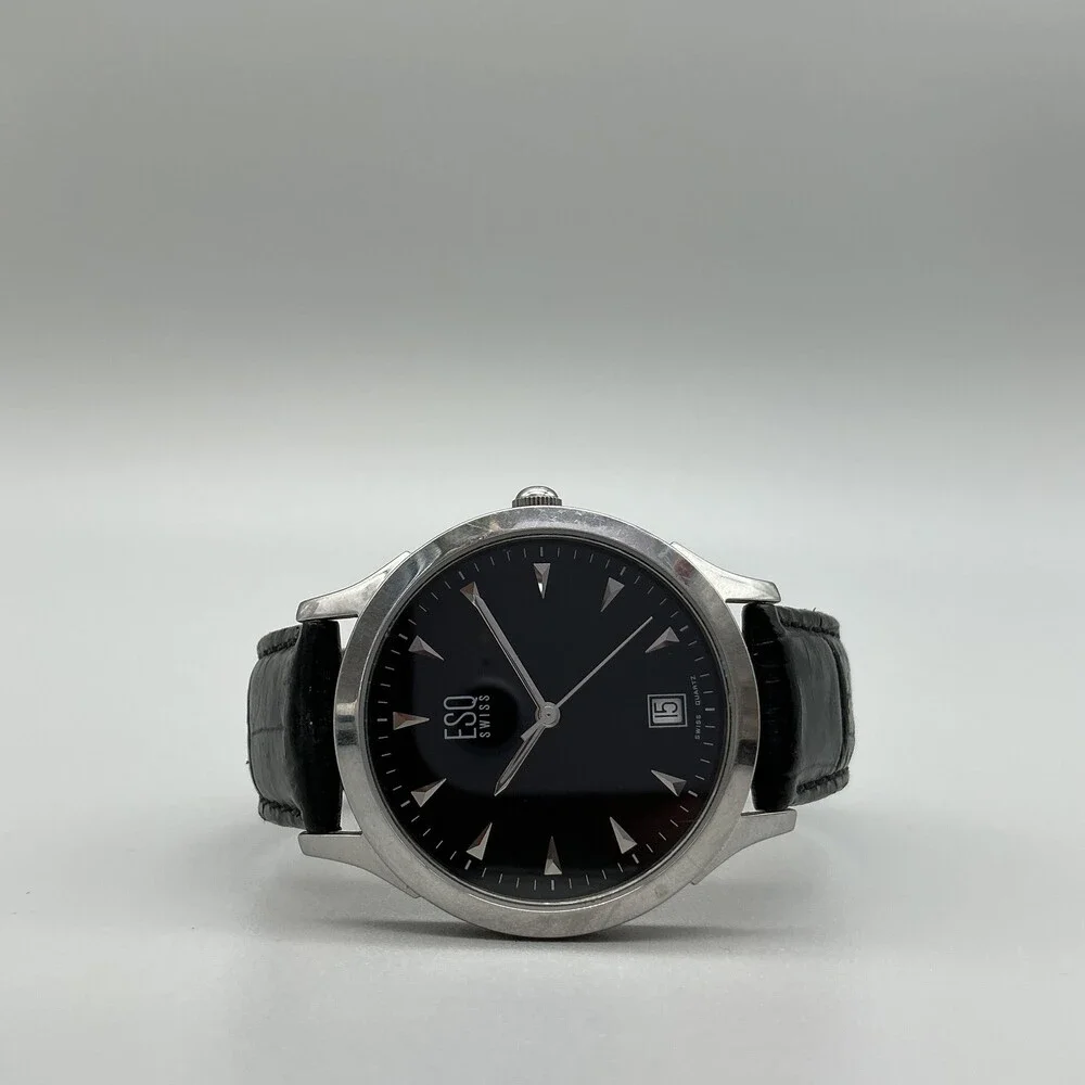 ESQ Movado Swiss E5203 Mens Watch 35mm Black Dial Leather Date New Battery